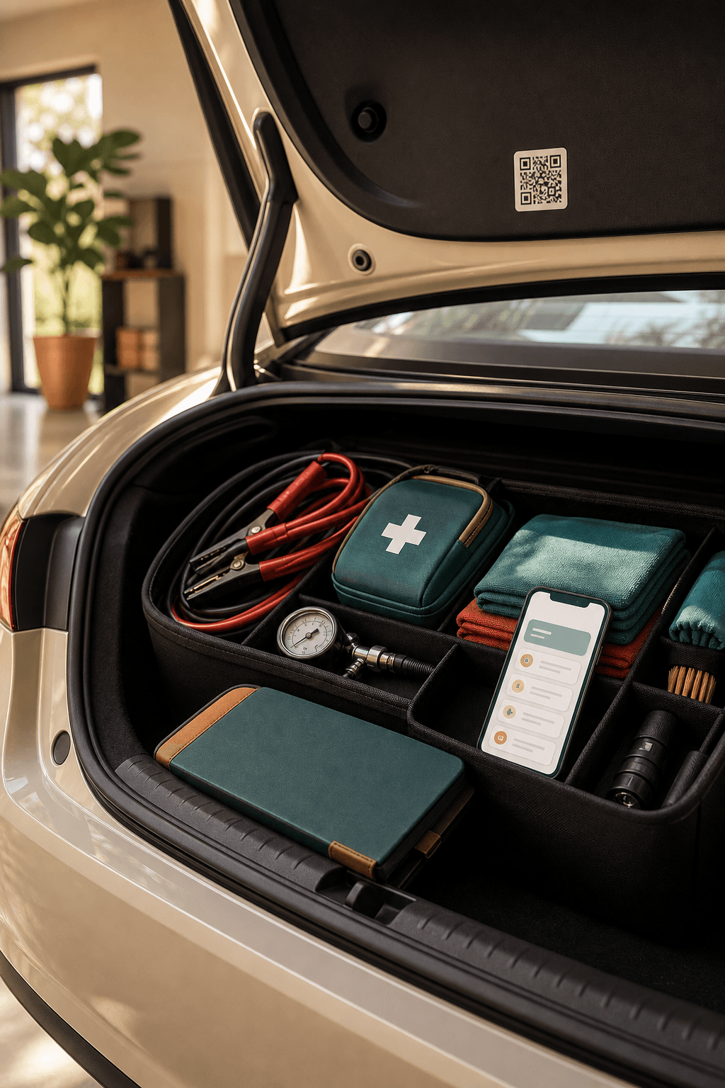 A car trunk kit with a QR sticker and phone service record