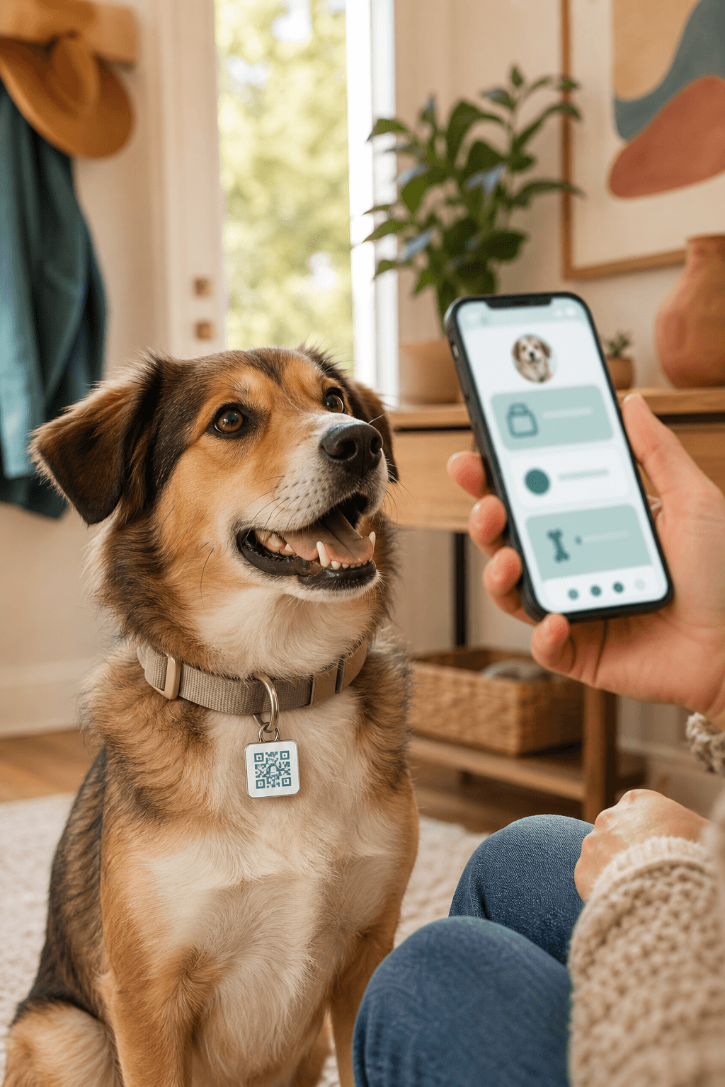 A dog wearing a QR pet tag beside a phone showing a care record