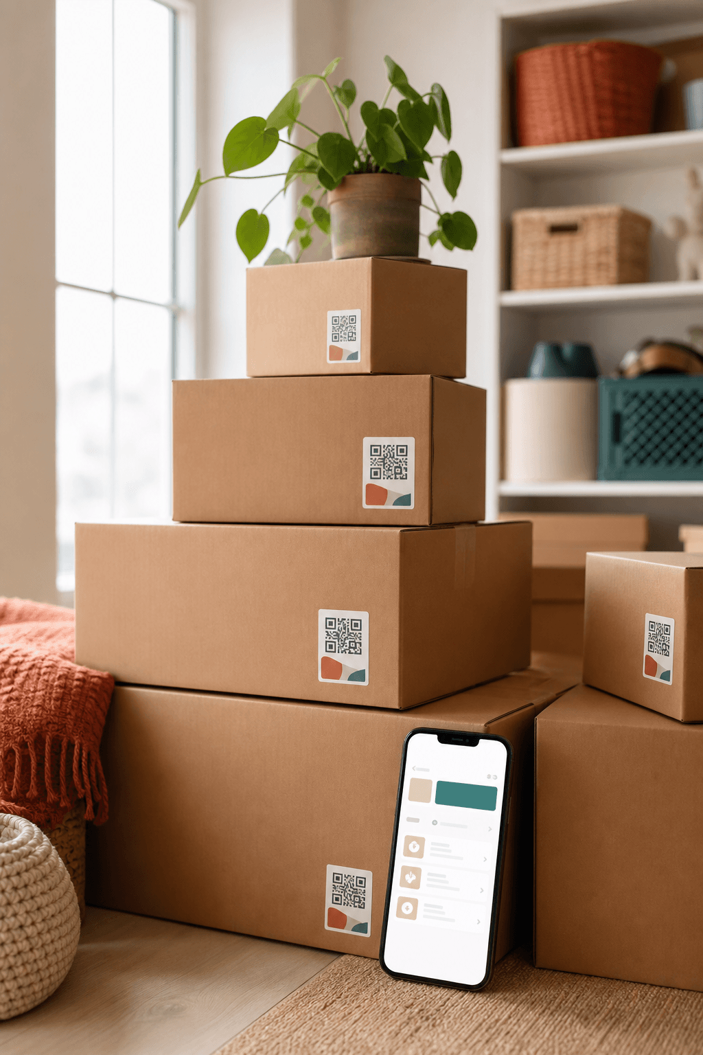 Organized moving boxes with QR labels and a phone inventory page