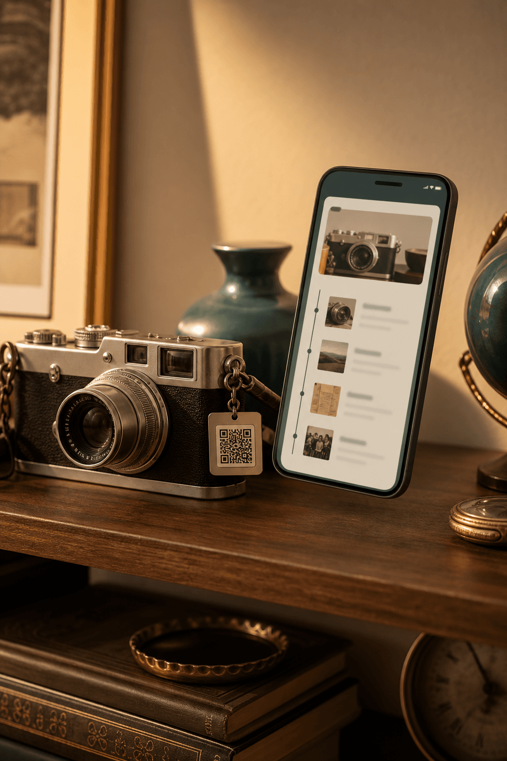 A vintage camera and collectibles with a QR-linked history page